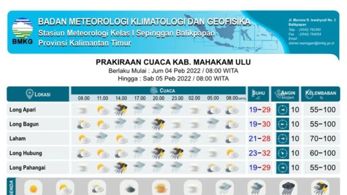 BMKG向Kaltim的一些地区发出预警，2月4日至5日预测的大雨伴随着强风