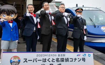 Kereta Ekspres Detektif Conan Luncurkan Tampilan Baru di Stasiun Prefektur Tottori