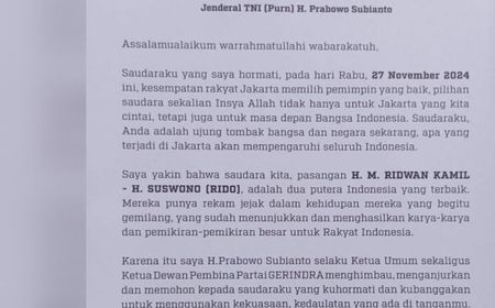 Prabowo Keluarkan Surat Ajakan Dukung RK-Suswono di Pilgub Jakarta