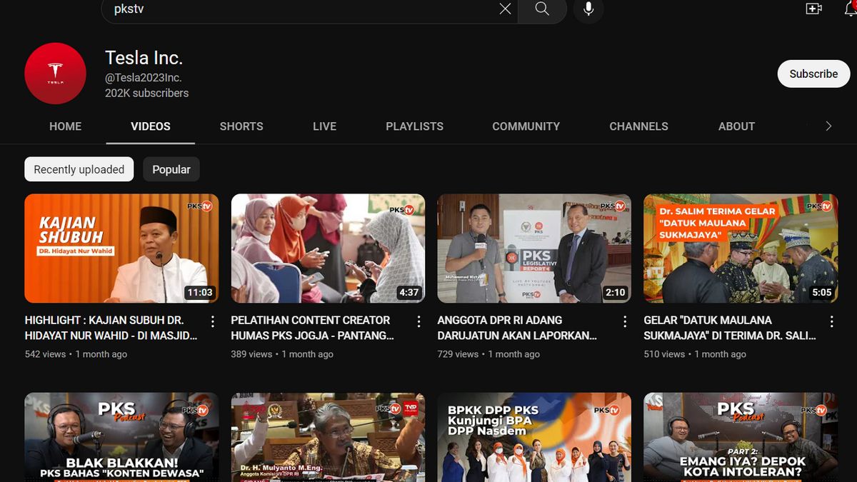 Akun YouTube PKS TV Dihack, Diganti dengan Nama Tesla Inc