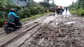 大雨による土砂崩れに埋もれたシムルエ島アチェの道路
