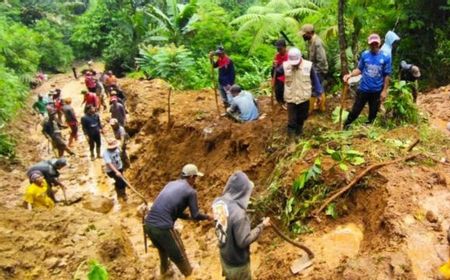 Tebing Setinggi 30 Meter Ambruk Tutup Jalan Desa Penghubung Cianjur-Bandung Sepanjang 50 Meter