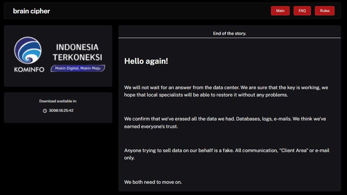 Peretas Brain Cipher Mengaku Telah Menghapus Semua Database PDNS 2