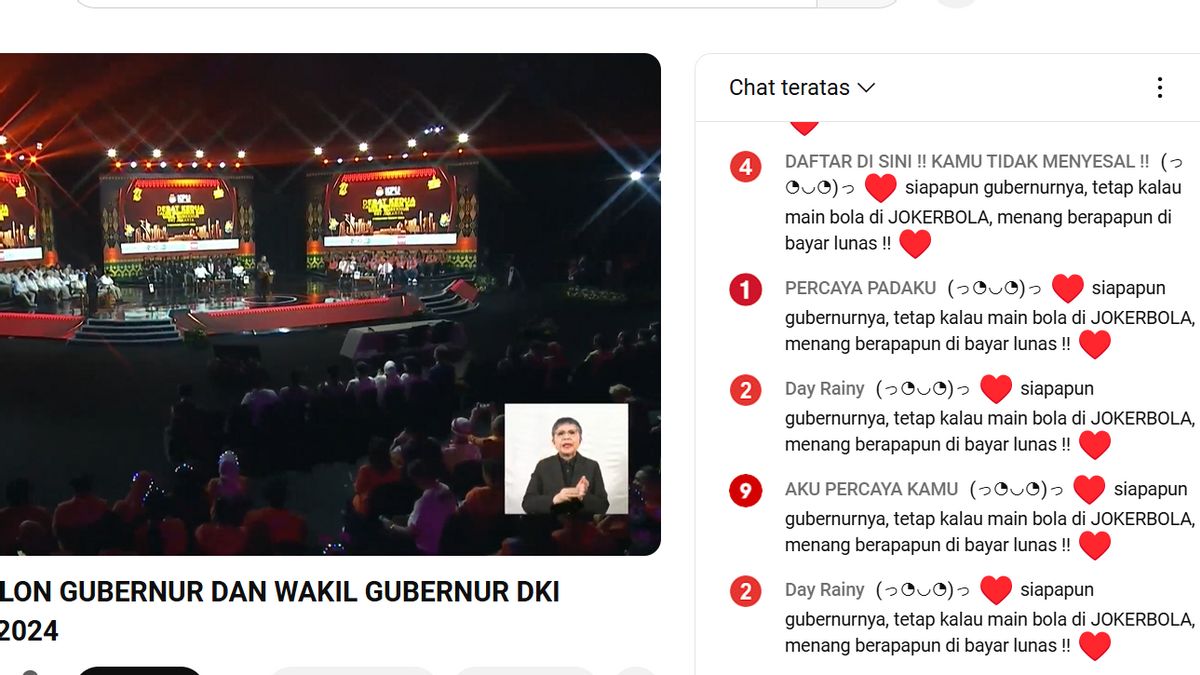 Advertising Judol Serbu Kolom Youtube Chat KPU Provinsi DKI 在 Cagub-Cawagub Jakarta 2024 第二次辩论期间