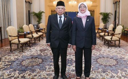 1 Jam Wapres Ma'ruf Amin Courtesy Call dengan Presiden Halimah Yacob, Ajak Singapura jadi Mitra Investasi Industri Halal