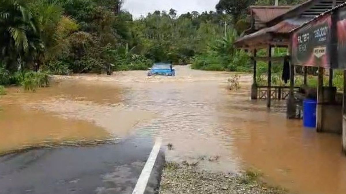 カプアス・フル・カルバルのインドネシアとマレーシアの国境の公道の洪水
