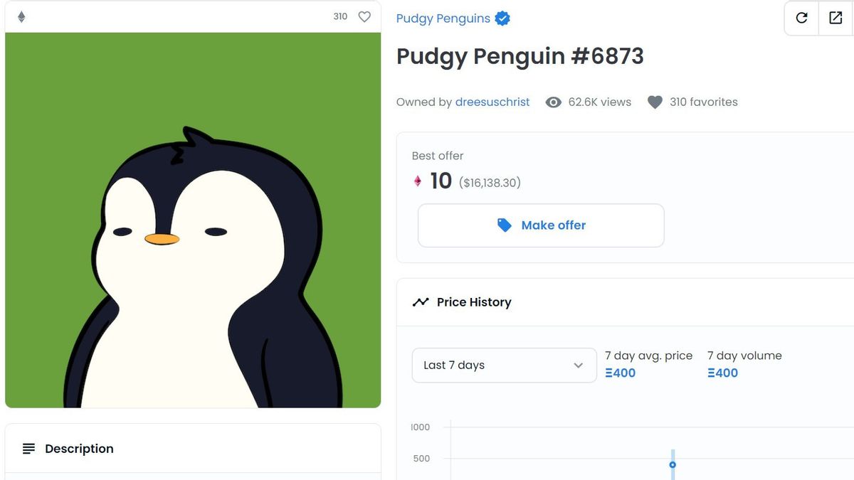 NFT Pudgy Penguins以400 ETH的价格出售，相当于89亿印尼盾！
