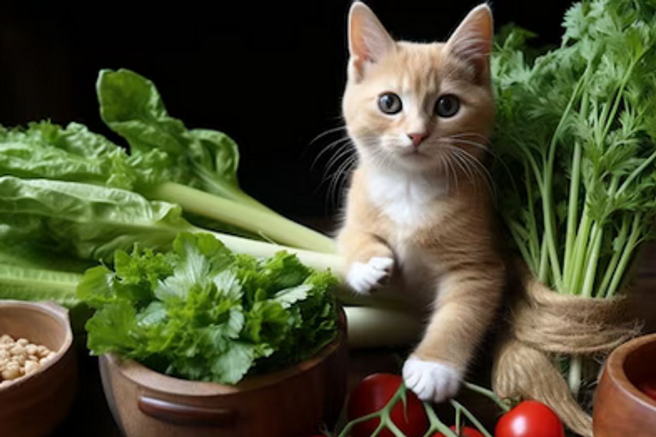 Cat sales eating vegetables