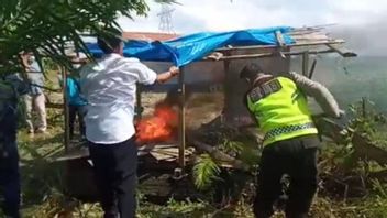 警方烧毁萨布用户在Muaro Jambi稻田穿衣服的小屋
