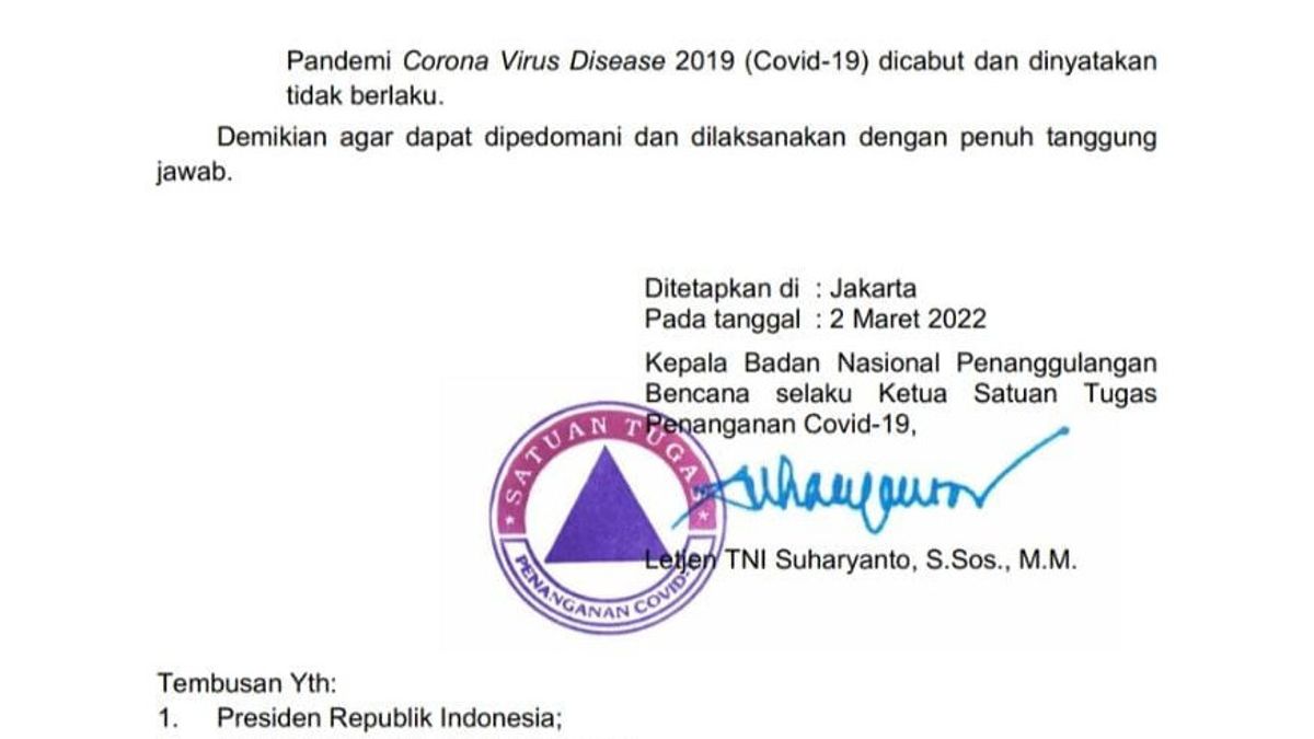 Heboh Potongan Surat Edaran Satgas COVID-19 Soal Pandemi Dicabut, Benarkah?