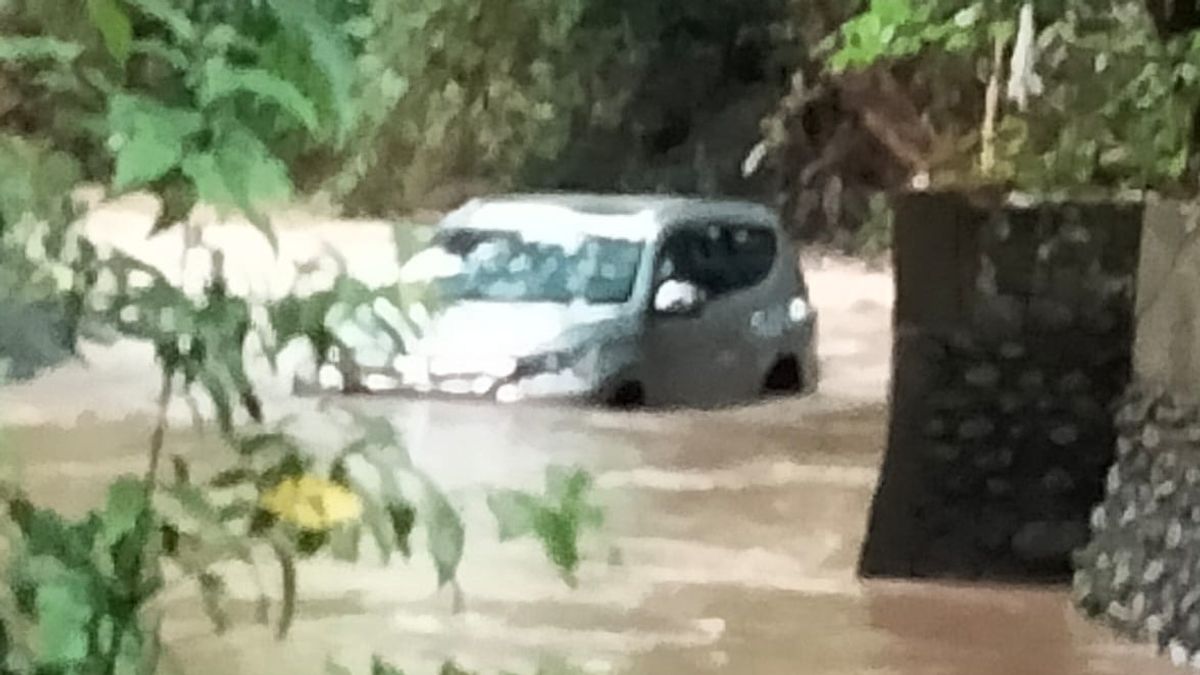 バリ島のタバナンの川の流れに打ち上げられたパジェロの車
