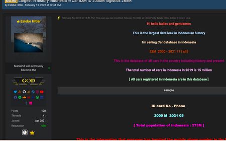 Kebocoran Data Terbesar di Indonesia, 52 Juta Data Pemilik Kendaraan Indonesia Dijual di Raid Forums