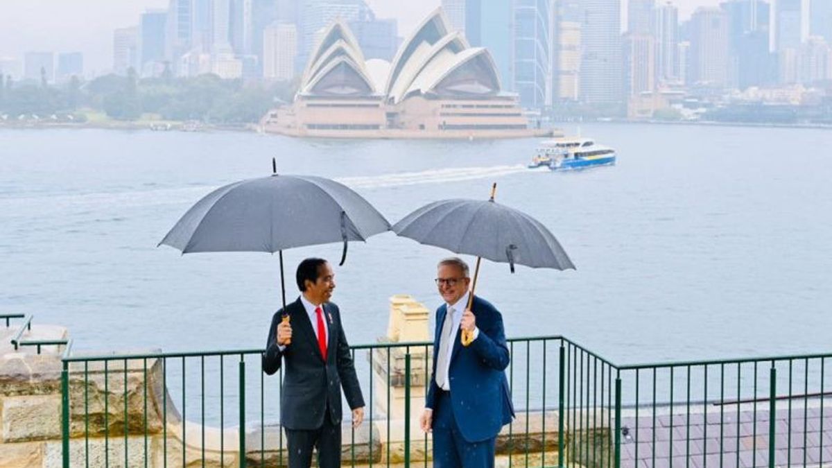 PM Albanese-Jokowi Views Sydney Opera House Under Rain