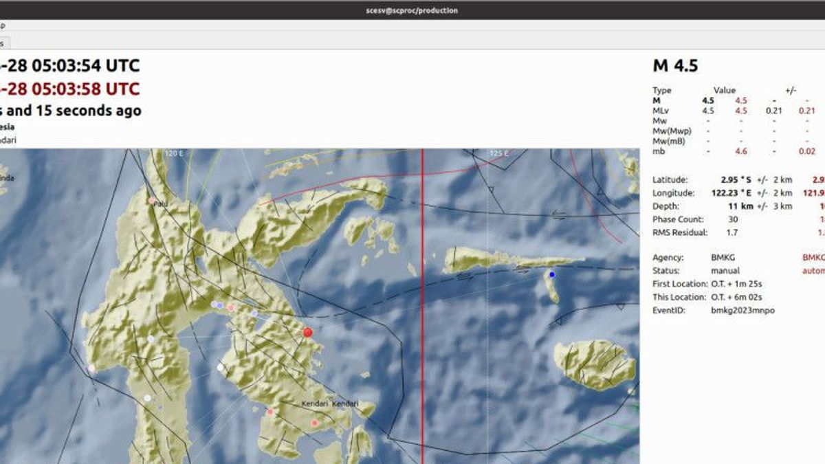 マグニチュード4.5のグンカン地震、北コナウェリージェンシー、南東スラウェシ