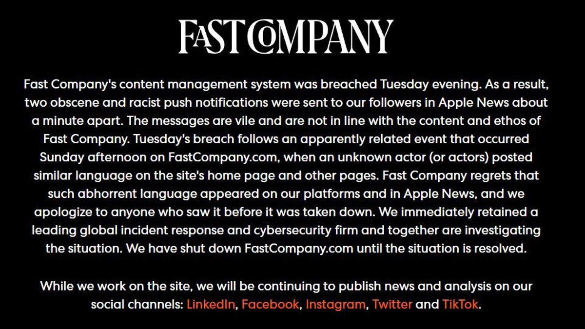 Fast Company Tutup Situsnya Setelah Adanya Peretasan yang Mengirimkan Pemberitaan Cabul dan Rasis